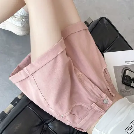 粉色牛仔短裤女夏季薄款2023高腰显瘦a字宽松辣妹卷边开通热裤子商品大图