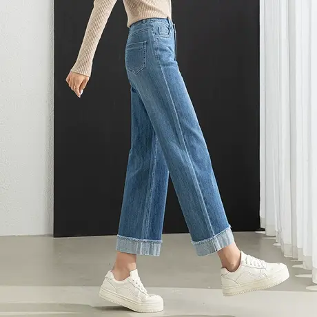 翻边高腰窄版阔腿牛仔裤女2024年新款女裤小个子九分裤宽松直筒裤图片