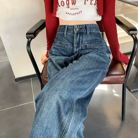 窄版阔腿牛仔裤女春秋2023年新款高腰显瘦宽松垂感复古直筒拖地裤商品大图