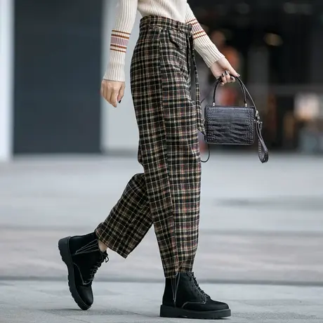 格子裤子女秋冬2023新款高级加厚羊毛裤呢子裤毛呢裤烟管哈伦女裤图片