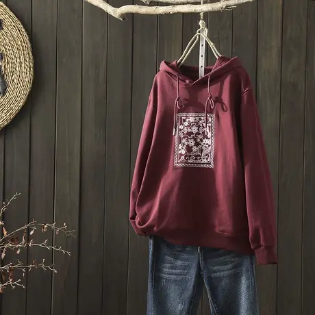 枫谜秋装新款文艺复古刺绣棉质长袖连帽卫衣女韩版宽松套头上衣图片