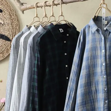 春秋季韩版港风复古黑白格子双层棉纱衬衣女学生宽松长袖打底衬衫图片