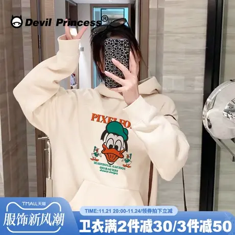 ulzzang小众超火杏色卫衣女高街卡通潮牌学院风春秋薄款帽衫上衣商品大图