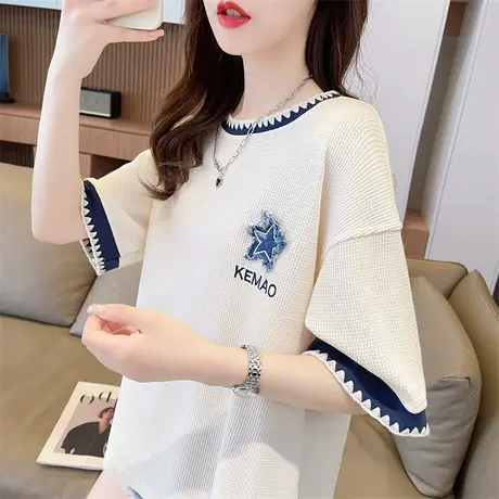 设计感小众短袖t恤女夏季韩版宽松大码撞色半袖百搭华夫格上衣服商品大图
