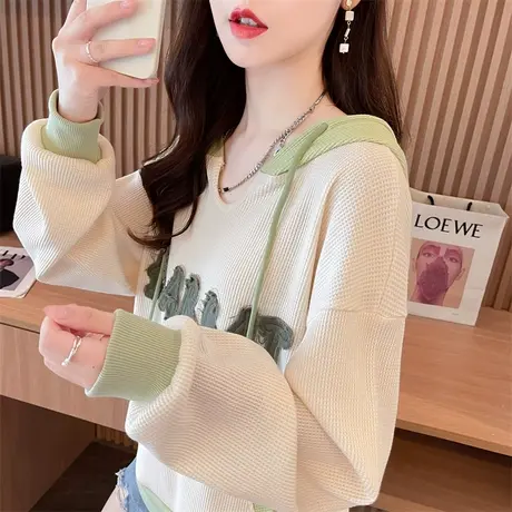 华夫格连帽卫衣女春秋季韩版宽松薄款早秋撞色百搭小个子上衣外套图片