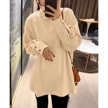 秋冬季加绒磨毛保暖打底衫女宽松半高领德绒上衣内搭加厚长袖T恤商品大图