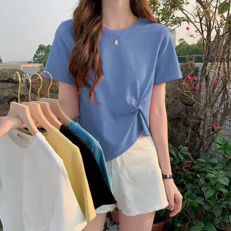 白色短袖女潮设计感小众高腰露脐短款上衣2024夏季新款不规则t恤图片