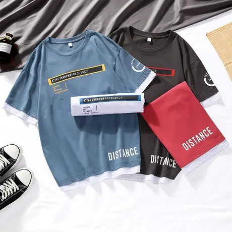 夏季薄款夏天男士圆领假两件纯棉全棉短袖T恤打底衫衣服潮牌男装商品大图