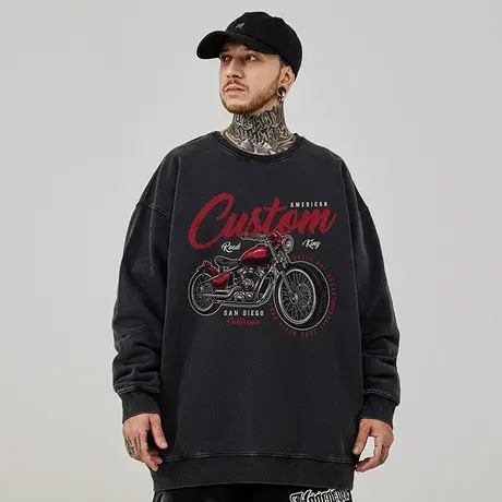 机车美式复古嘻哈大码圆领卫衣男装纯棉重磅做旧高街加绒春秋冬季图片