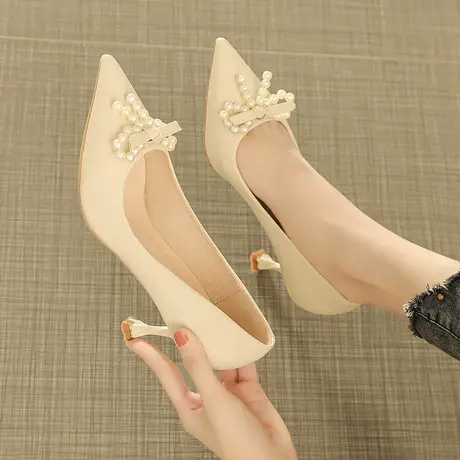 小香风高跟鞋女2023春季新款蝴蝶结珍珠尖头细跟单鞋百搭职业女鞋图片