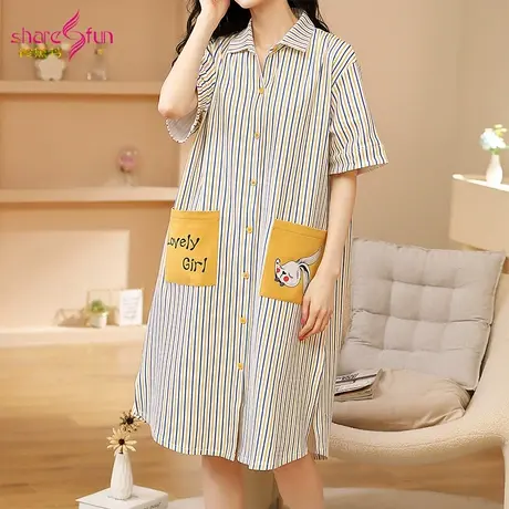 sharefun/霞黛芳【条纹纯棉开衫睡裙】宽松薄款睡衣可外穿家居服图片