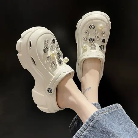 小个子洞洞鞋女夏时尚水钻珍珠外穿厚底增高跟防滑两穿包头凉拖鞋图片