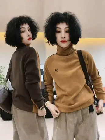 欧货高领加绒卫衣女2023秋冬新款撞色保暖奥粒绒长袖内搭打底衫潮图片