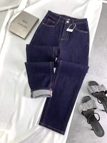 代嘉儿同款弹力牛仔直筒裤2024春季新款显瘦百搭高腰裤九分烟管裤图片