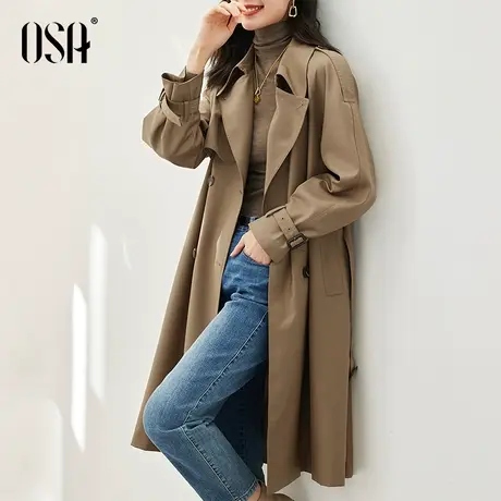 OSA欧莎高端流行大衣卡其色中长款收腰风衣外套女秋季2022年新款商品大图