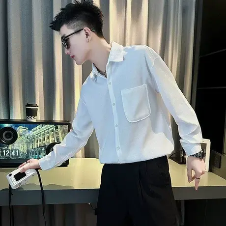 秋季2023年新款小众设计感垂感INS长袖衬衫男纯色高级感男装衬衣商品大图