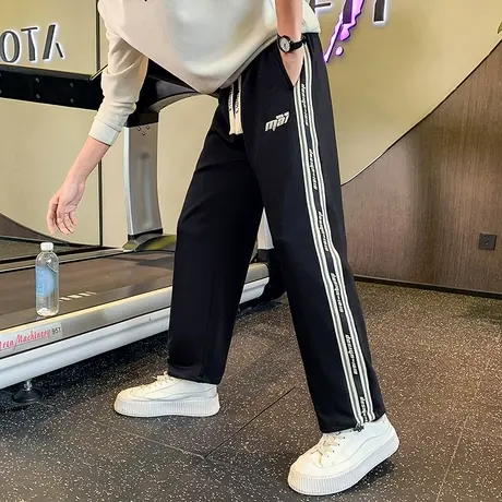 休闲卫裤男款秋季条纹拼接设计感美式宽松运动裤INS直筒潮流长裤商品大图