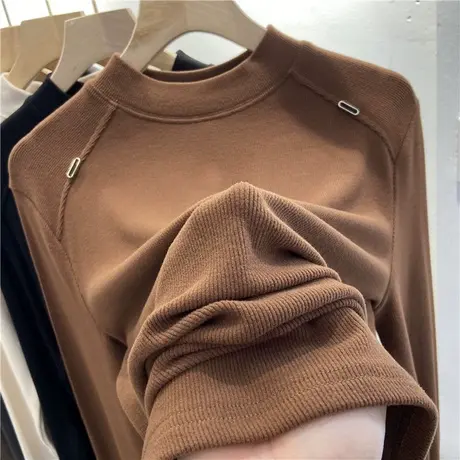 韩系港风德绒长袖T恤女秋冬加绒加厚长袖T恤百搭修身内搭打底衫潮商品大图