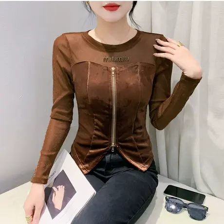 春装2024新款T恤设计感时尚不规则上衣女网纱拼接洋气长袖打底衫商品大图