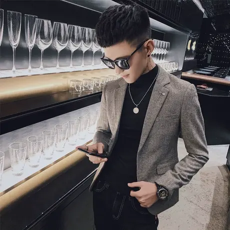 秋冬季呢子西服毛呢短款修身夹克网红潮牌潮流时尚休闲小西装外套商品大图