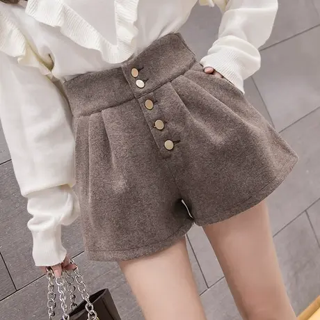 毛呢短裤女秋冬2023新款韩版高腰呢子A字阔腿宽松显瘦靴裤外穿潮图片