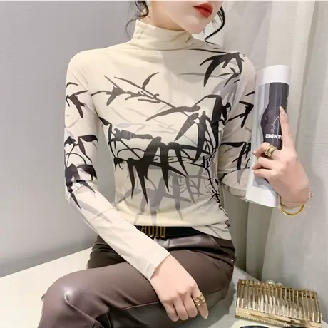 加绒秋冬2024新款T恤女网纱印花半高领长袖内塔修身上衣ins打底衫图片