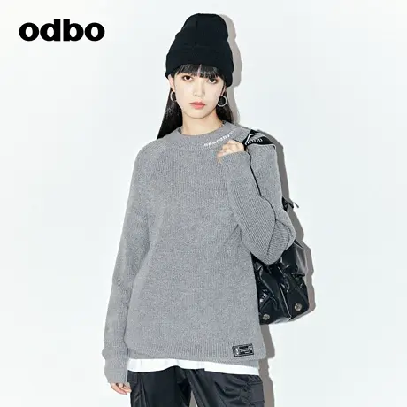 odbo 潮牌情侣款灰色羊绒针织毛衣女秋季新款温柔风圆领上衣图片