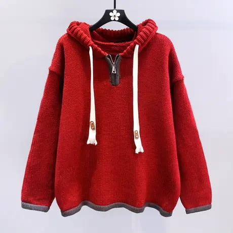 新年红色半拉链连帽毛衣女冬季2024新款宽松慵懒风加厚针织衫上衣商品大图