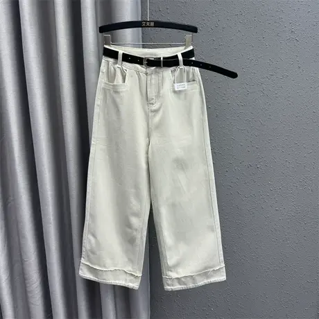 韩版阔脚直筒裤女24春季新款米白色简约设计感时尚显瘦百搭牛仔裤图片