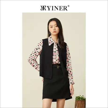 YINER音儿女装2022春季撞色两件套印花蚕丝衬衫商品大图