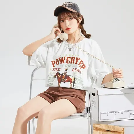 [YEP联名]唐狮灰色T恤女复古美式2023夏季新款宽松短袖上衣ins潮x商品大图