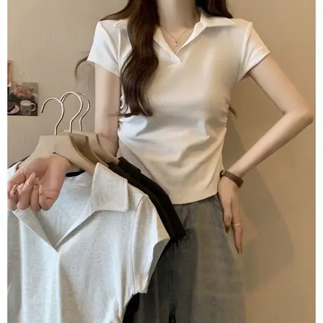 辣妹甜飒风V领半袖T恤女夏装韩版修身短款小个子POLO衫上衣短袖潮商品大图