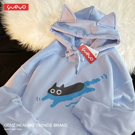 悦游 游泳黑猫 猫咪潜水宽松套头连帽猫耳卫衣男加绒趣味日系图片