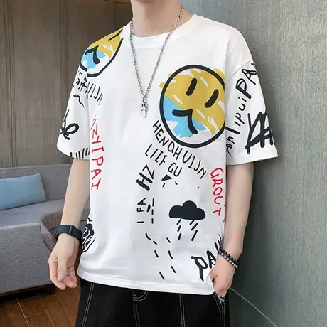 潮牌夏季新款个性印花圆领T恤男士短袖打底衫韩版潮流半袖体恤ins商品大图