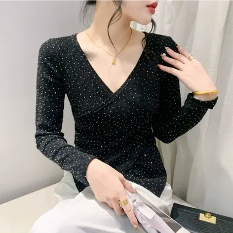 性感交叉V领T恤女长袖烫钻下摆开叉不规则上衣收腰百搭显瘦小衫潮图片