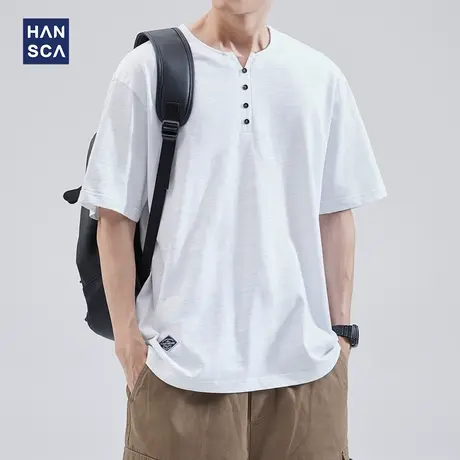 hansca 重磅230g竹节棉短袖t恤男美式复古纯色宽松休闲亨利领上衣商品大图