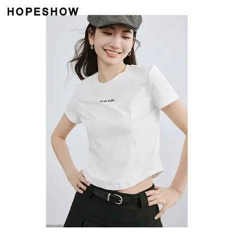 红袖简约纯色圆领套头短袖hopeshow2024春季新款百搭通勤T恤上衣图片