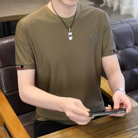 2024夏季冰丝短袖T恤男士潮流时尚休闲百搭纯色透气半袖体恤小衫图片