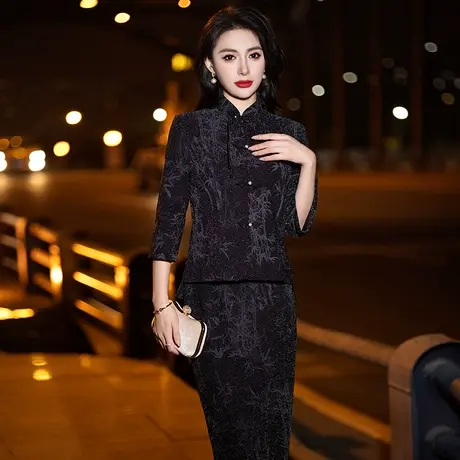 黑色妈妈装中式唐装两件套2024新款春装平时可穿宴会礼服年轻高贵图片