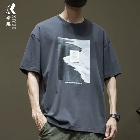希越32支长绒棉短袖T恤男美式休闲240g宽松大码男士海浪花打底衫商品大图
