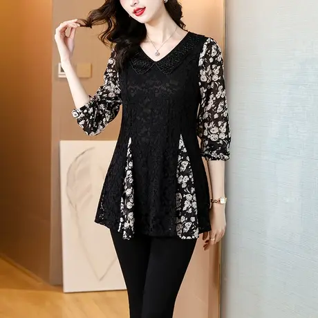 娃娃领蕾丝打底衫女2024年春季新款大码胖MM中长款遮肉显瘦女上衣商品大图