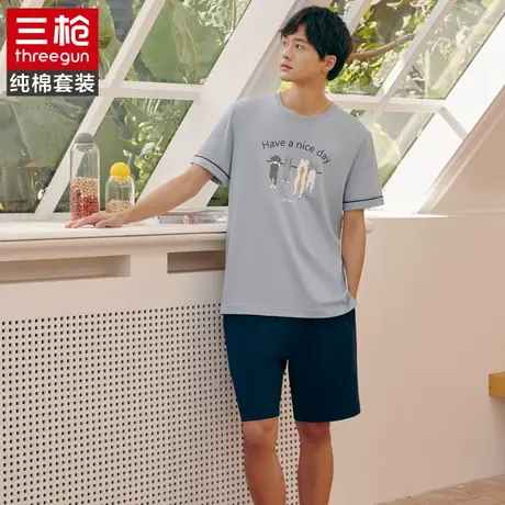 三枪新疆棉睡衣夏季纯棉休闲大码圆领宽松短袖男士家居服套装夏装商品大图