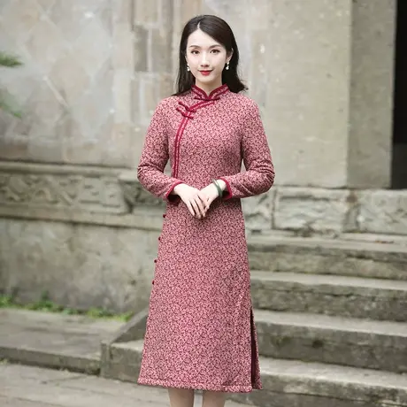 筠雅旗袍冬款加厚法式旗袍棉过年旗袍小袄中长款复古时尚中式女装商品大图
