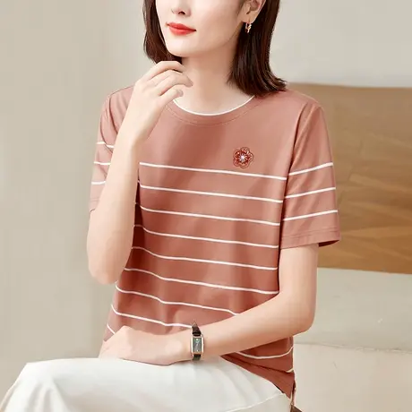 纯棉条纹t恤女2023年新款洋气百搭中年妈妈夏装上衣大码正肩体恤商品大图