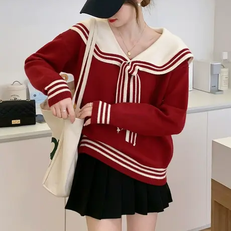 2023秋装新款减龄学院风海军领显瘦短款毛衣女韩版宽松针织衫上衣商品大图