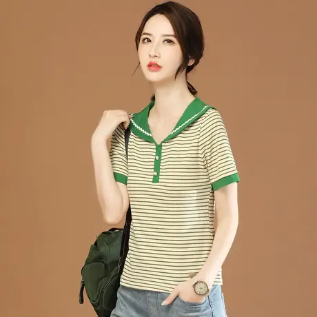 韩潮袭人海军领条纹短袖T恤女2023夏新款休闲拼接正肩体恤上衣薄商品大图