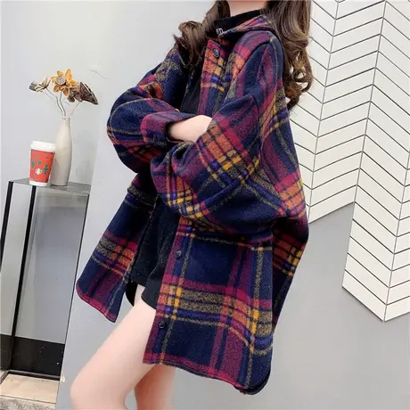 2021年春秋新款格子毛绒衬衫女中长款加厚长袖百搭毛呢衬衣外套潮商品大图