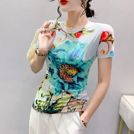 漂亮印花T恤女短袖2023夏季新款性感网纱小衫修身显瘦圆领上衣ins商品大图