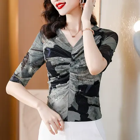 扎染印花T恤女士五分袖2023夏季新款性感V领网纱小衫时尚烫钻上衣商品大图