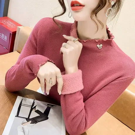 半高领加绒打底衫女秋冬内搭洋气保暖一体绒针织衫气质木耳边上衣图片